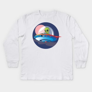 GREEN ALIEN IN UFO SPACE Kids Long Sleeve T-Shirt